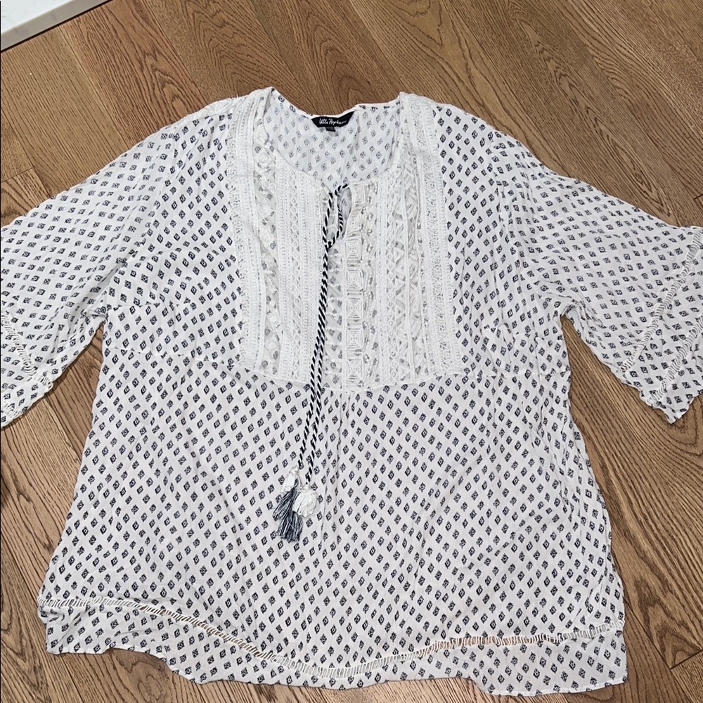 Ulla Popken White Tunic with Navy Diamond Print and Tassel Tie